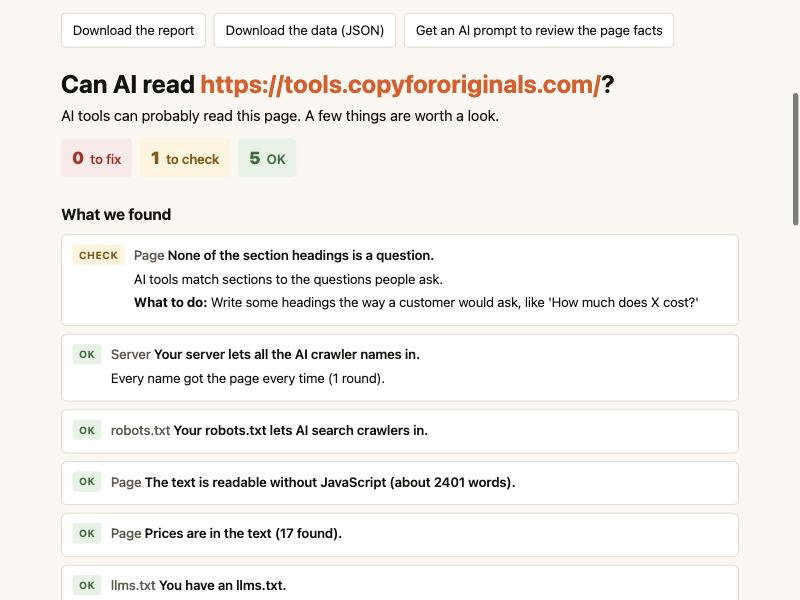 A report from the tool: 0 things to fix, 1 to check, 5 OK. The one thing to check says none of the page’s section headings is a question.